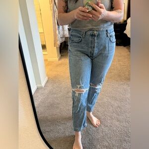 Agolde Woman's Riley Crop Light Blue Ripped Jeans